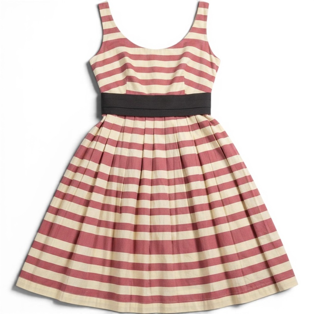 Corey Lynn Calter Striped Fit & Flare Dress Pink Cream Black Sash Pockets Size 8